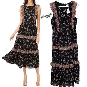 J. Crew Black Pink Floral Ruffled Tiered Midi Dress
